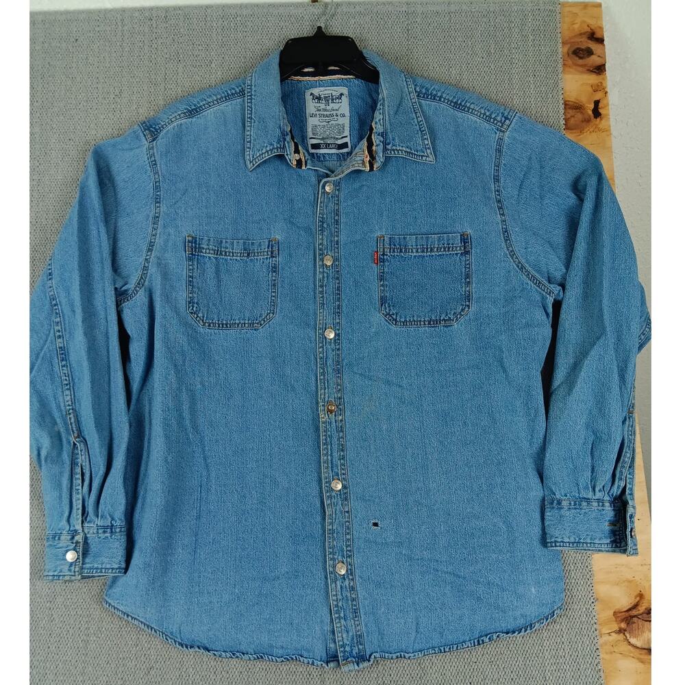 Vtg Levi's Two Horse‎ Brand Selvedge Denim Shirt Mens XXL Blue Western Cowboy